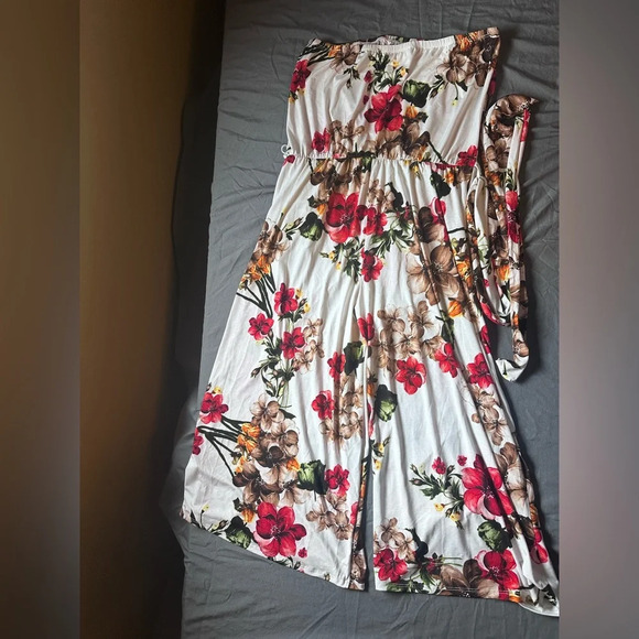 Strapless Floral Wide Leg Tie Waist Romper Jumpsuit Size XL - Picture 10 of 12